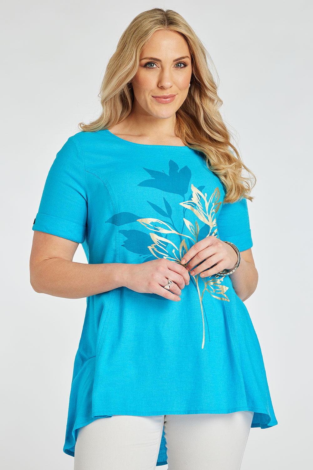 Bonmarche Turquoise Short Sleeve Foil Leaf High Low Linen Tunic, Size: 14