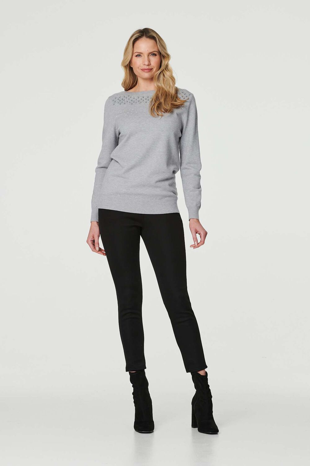Izabel London Grey - Embellished Relaxed Knit Jumper, Size: 12
