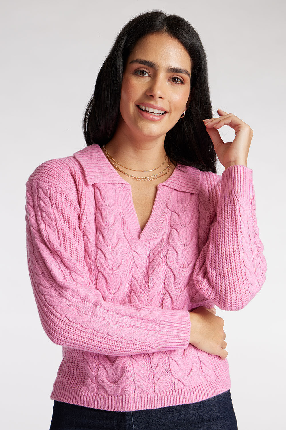Brave Soul Pink - Polo Collar Cable Knit Jumper, Size: S