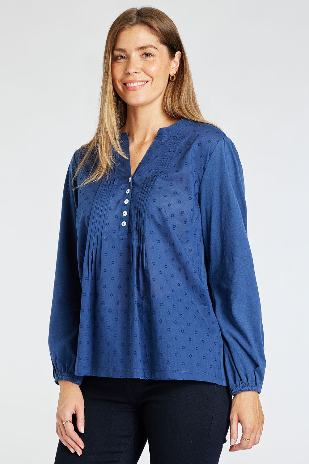 Bonmarche Women’s Navy Blue Cotton Dobby Woven 3/4 Sleeve Front Style Pintuck Blouse, Size: 12