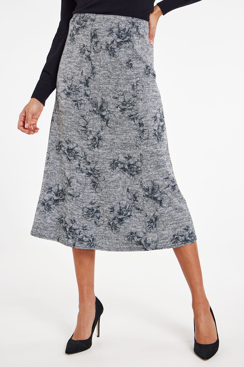 Bonmarche Grey Floral Soft Touch Elasticated Skirt, Size: 18