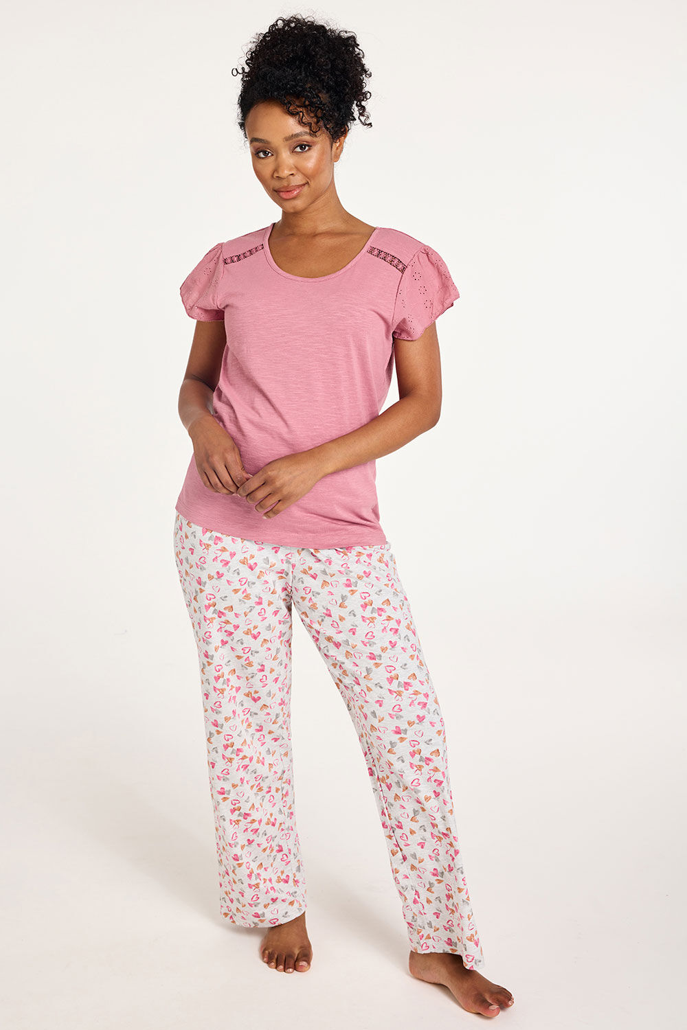 Bonmarche Pink 100% Cotton Heart Print Frill Detail Jersey Pyjama Set, Size: 16-18