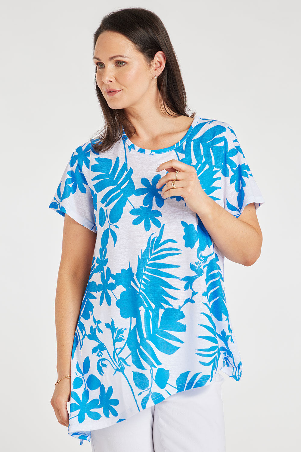 Bonmarche Blue Short Sleeve Two Tone Palm Print Linen Look Tunic, Size: 12