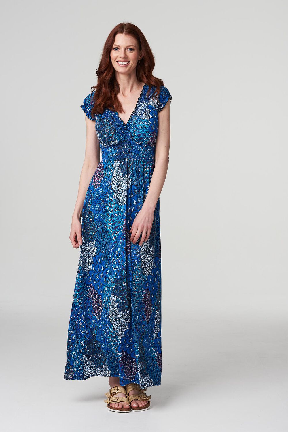 Izabel London Women’s Blue Peacock Print V-Neck Maxi Dress, Size: 16