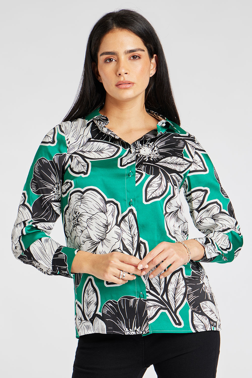Bonmarche Green Long Sleeve Big Floral Print Satin Shirt, Size: 24