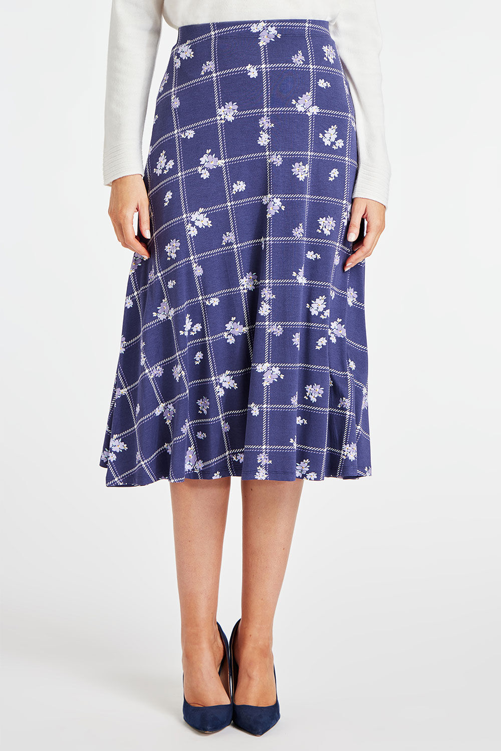 Bonmarche Navy Checked Floral Print Jersey Elasticated Flippy Skirt, Size: 10