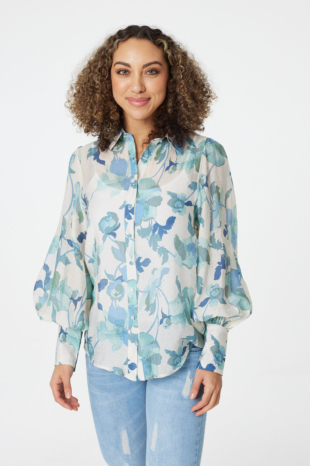 Stella Morgan White - Long Sleeve Button Through Floral Blouse, Size: 8