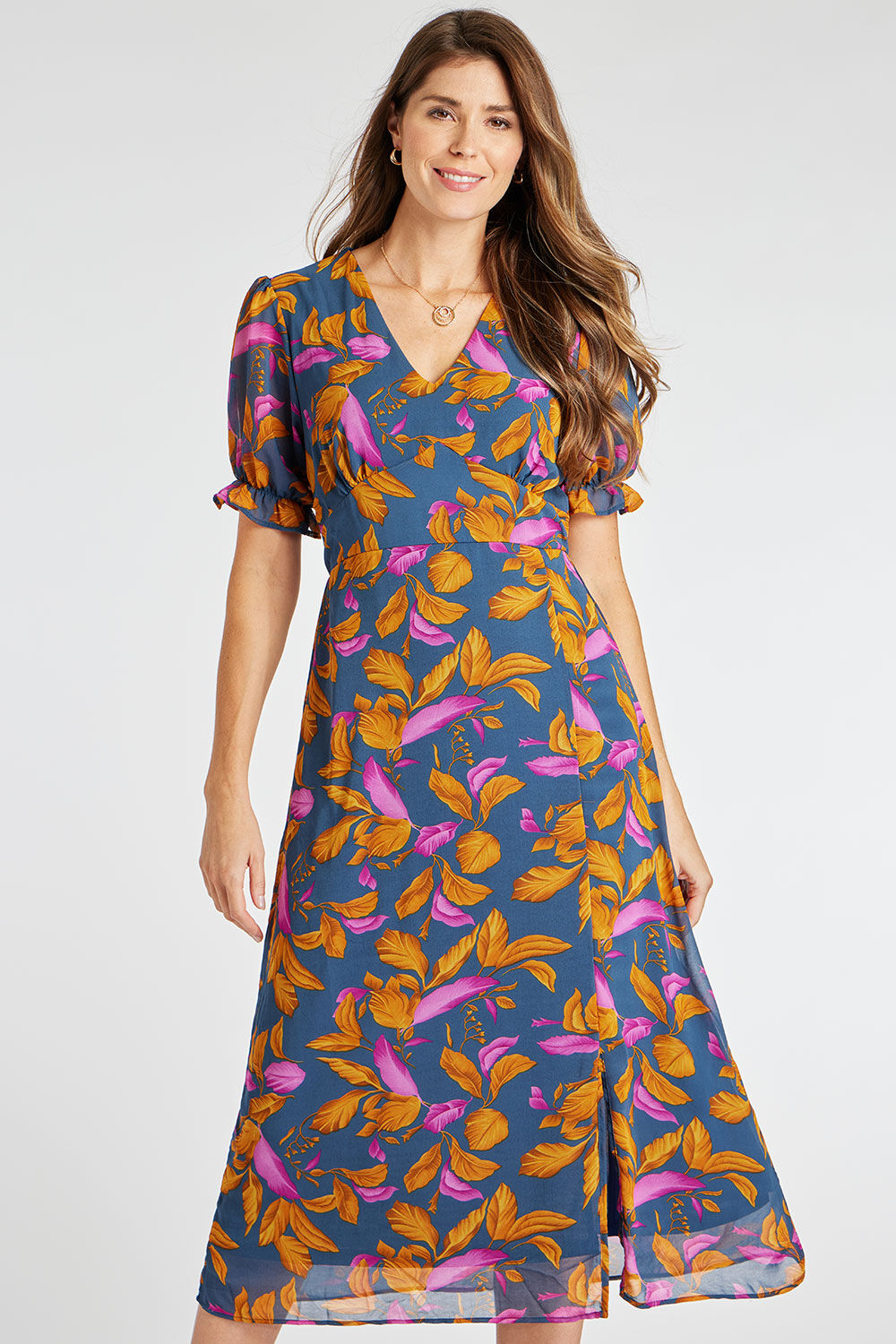 Bonmarche Navy Leaf Print Frill Sleeve Tea Dress, Size: 8