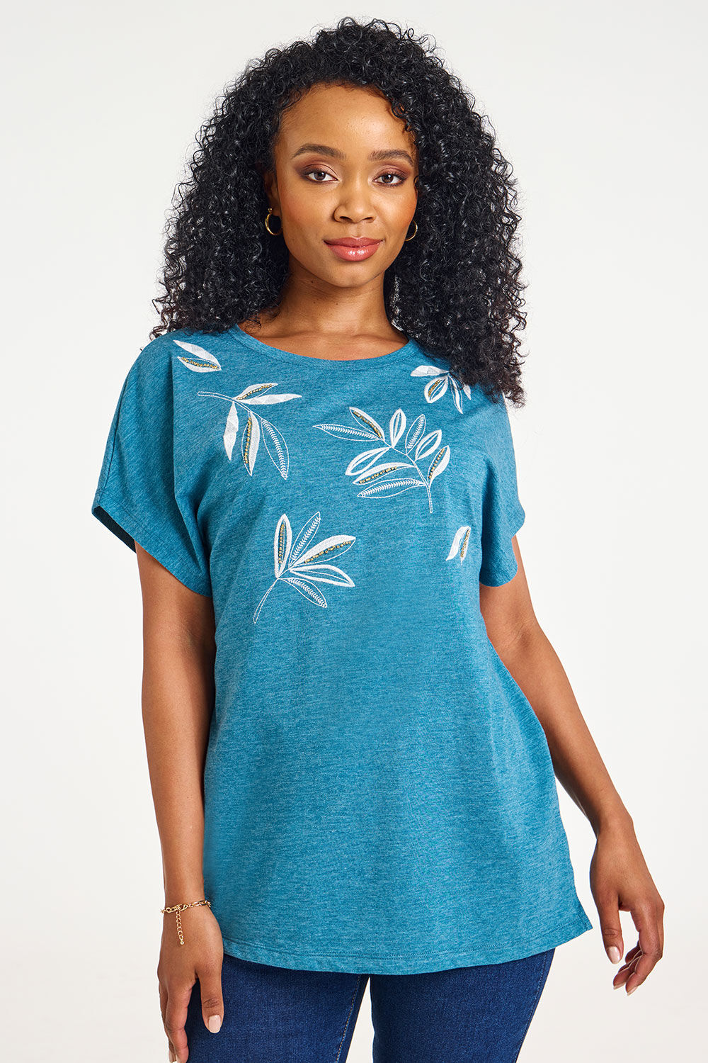 Bonmarche Teal Short Sleeve Embroidered Beaded Leaf Design T-Shirt, Size: 14