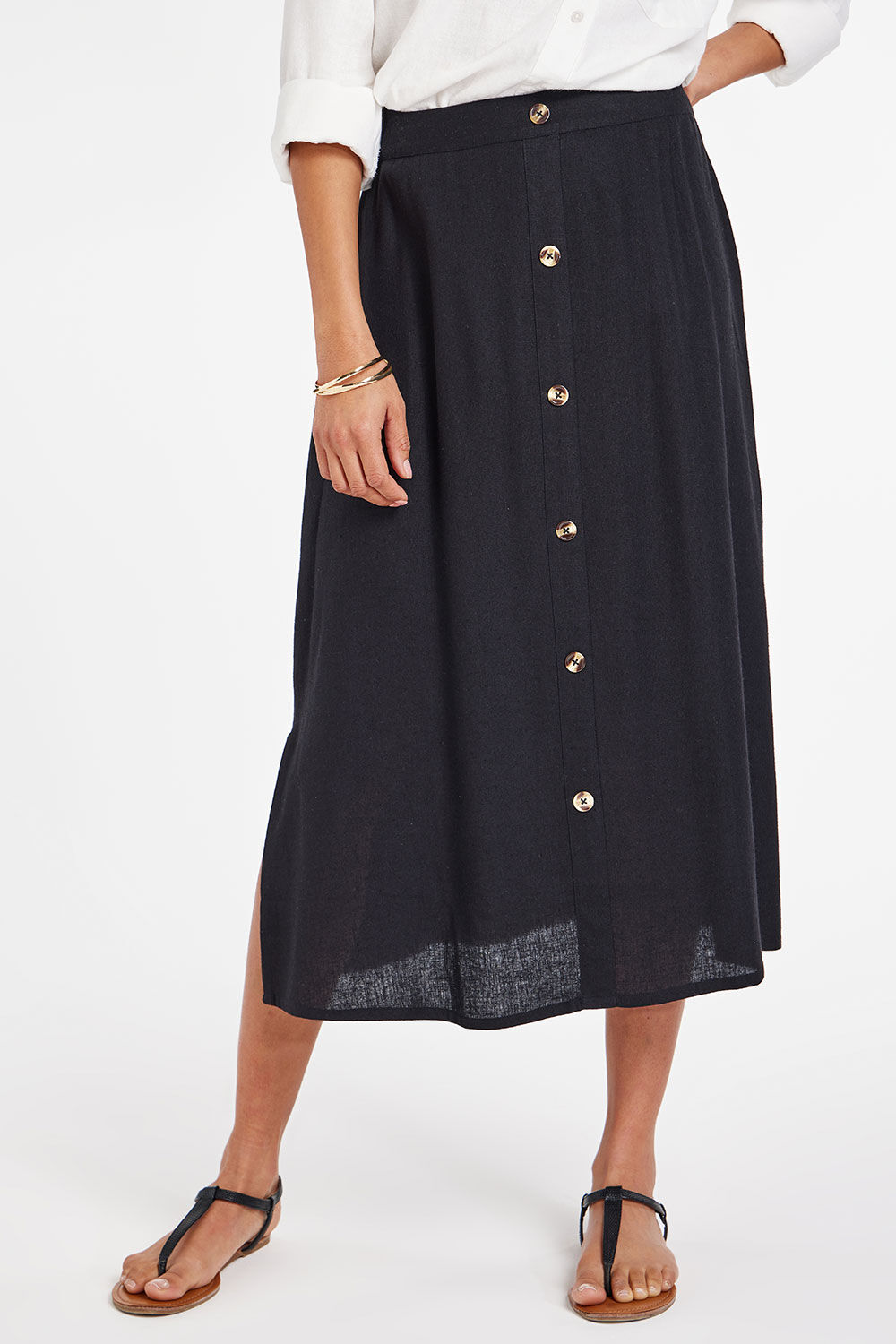 Bonmarche Black Plain Linen Button Through Elasticated Skirt, Size: 10 - Holiday Shop