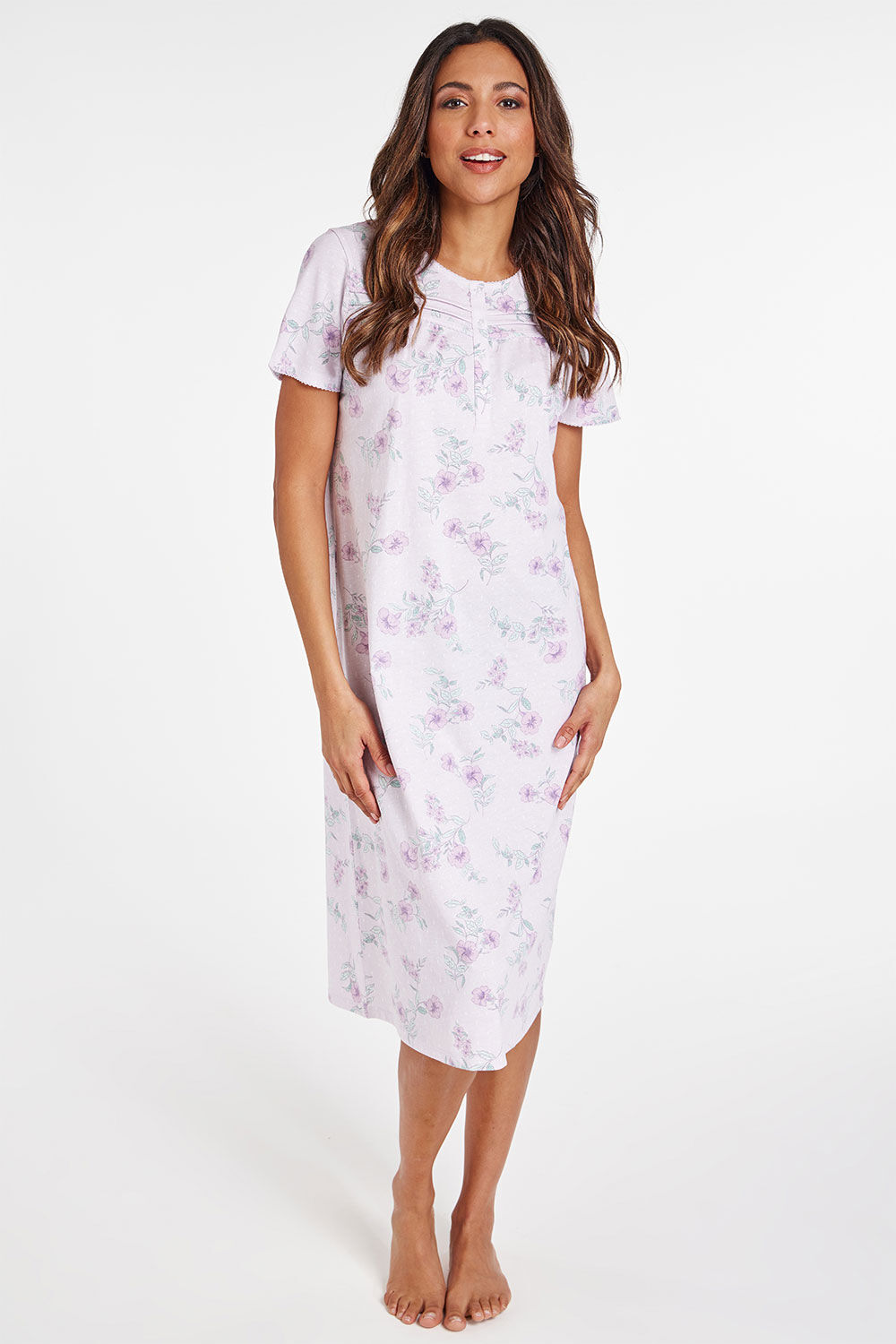 Bonmarche Lilac Short Sleeve Floral and Spot Print Nightdress, Size: 20-22