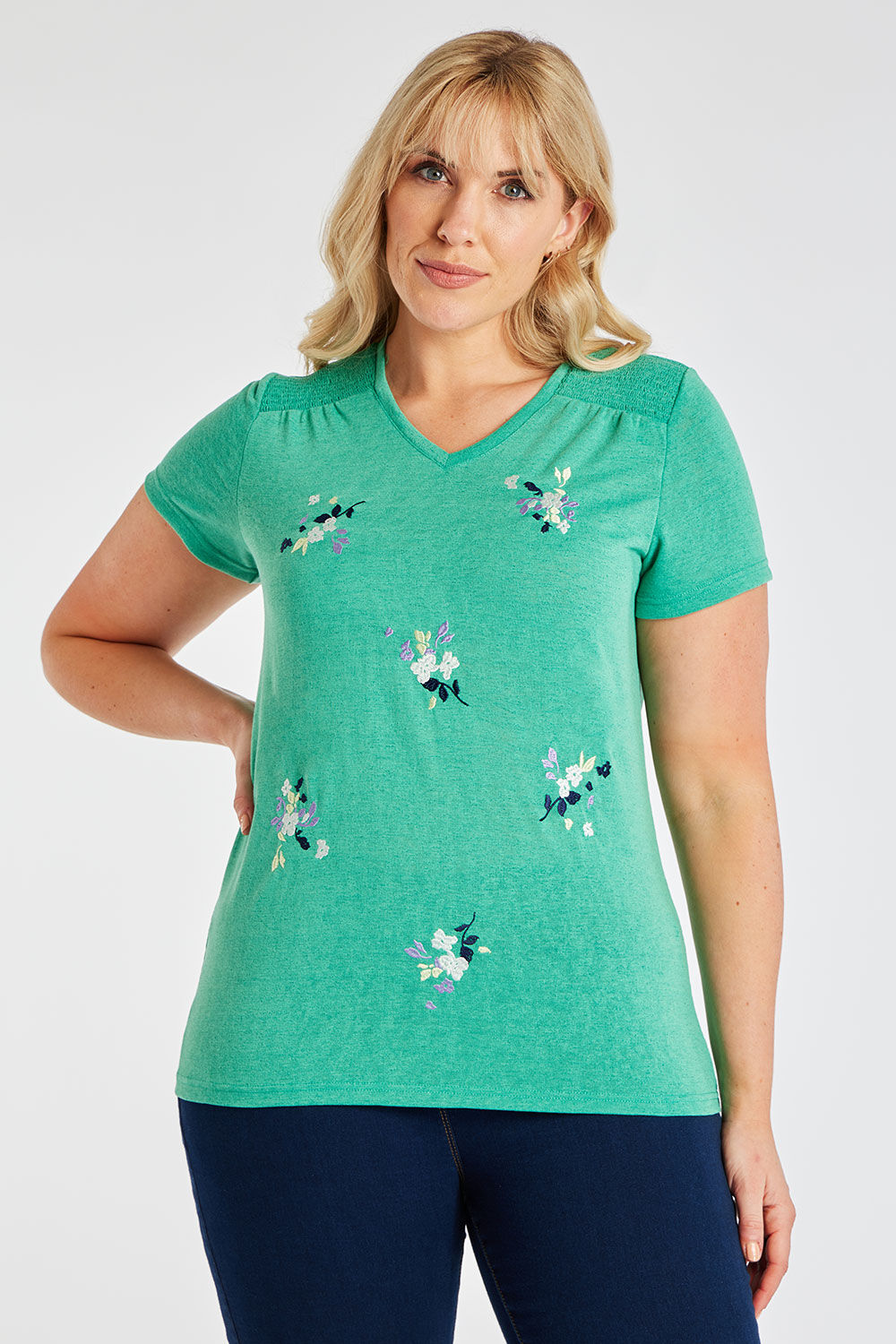 Bonmarche Green Short Sleeves Embroidered Flower T-Shirt, Size: 14