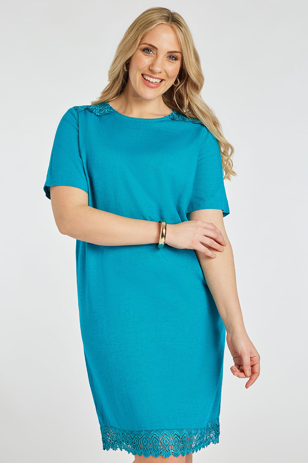 Bonmarche Turquoise Plain Linen Shift Dress With Lace Trim, Size: 14