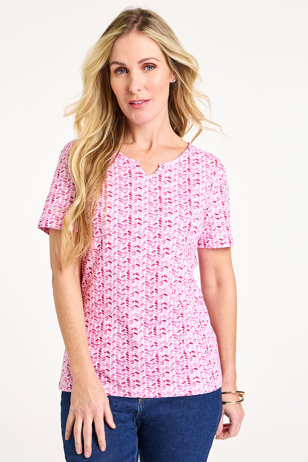 Bonmarche Pink Short Sleeve Chevron Dot Print Notch Neck T-Shirt, Size: 14