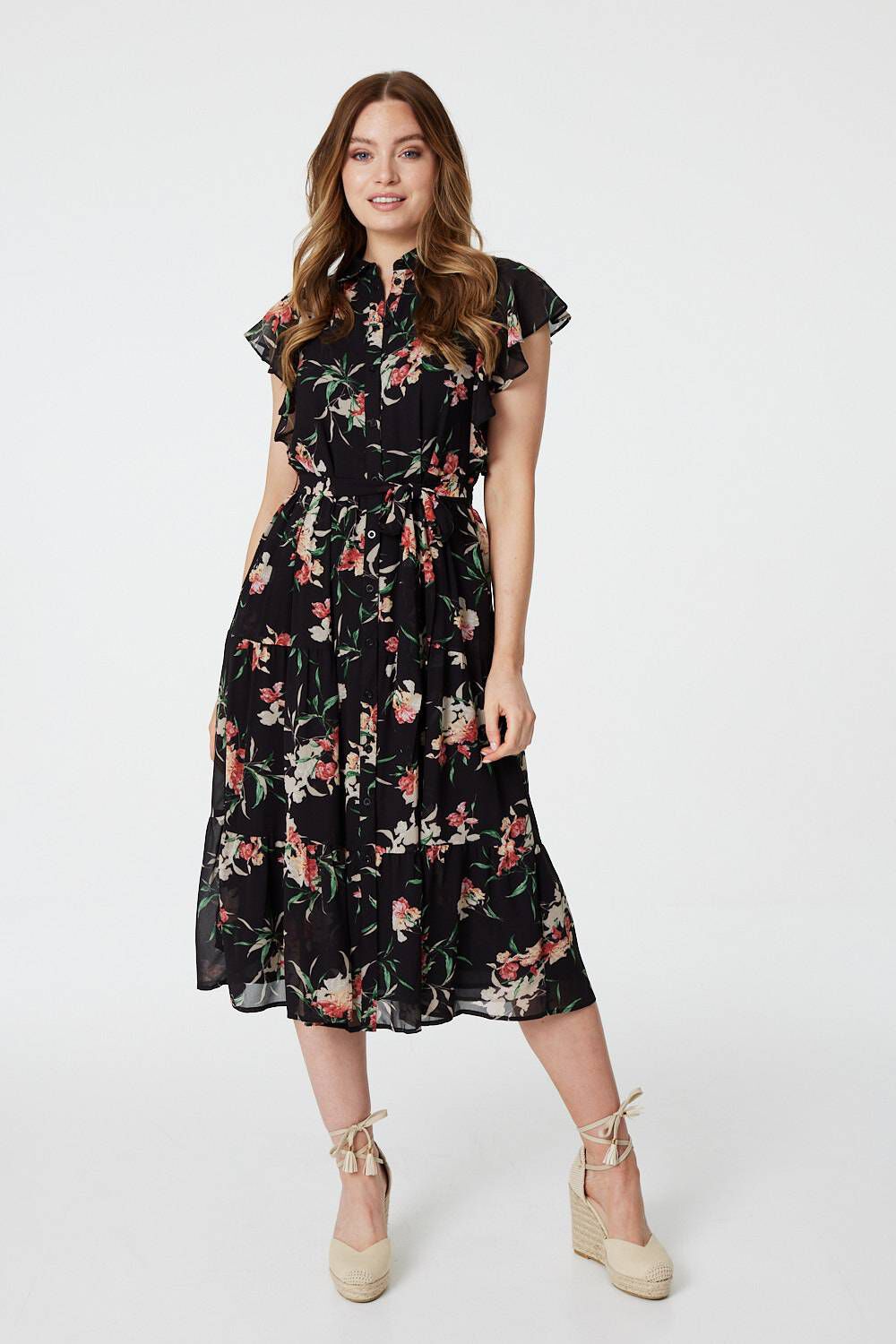 Izabel London Black - Floral Angel Sleeve Shirt Dress, Size: 18