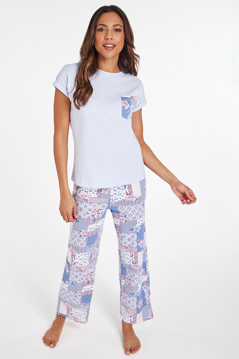 Bonmarche Blue 100% Cotton Short Sleeve Patchwork Jersey Pyjama Set, Size: 16-18