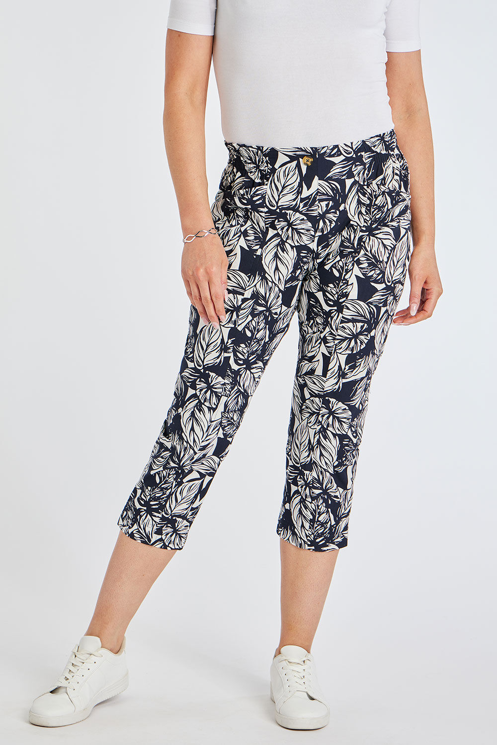 Bonmarche Navy Leaf Print Elasticated Back Essential Cropped Trousers, Size: 18