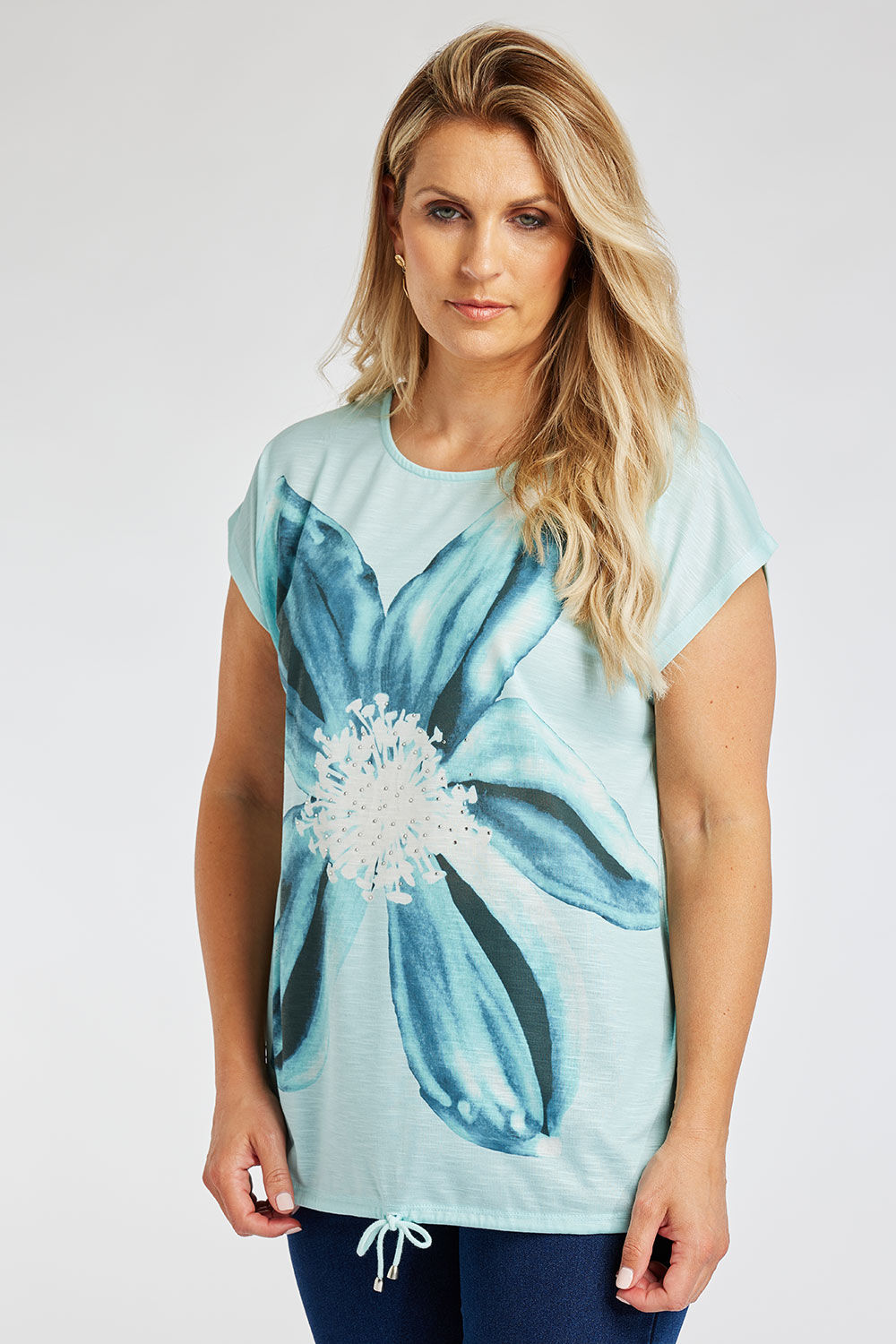 Bonmarche Aqua Short Sleeve Large Floral Print T-Shirt With Drawstring Hem, Size: 22