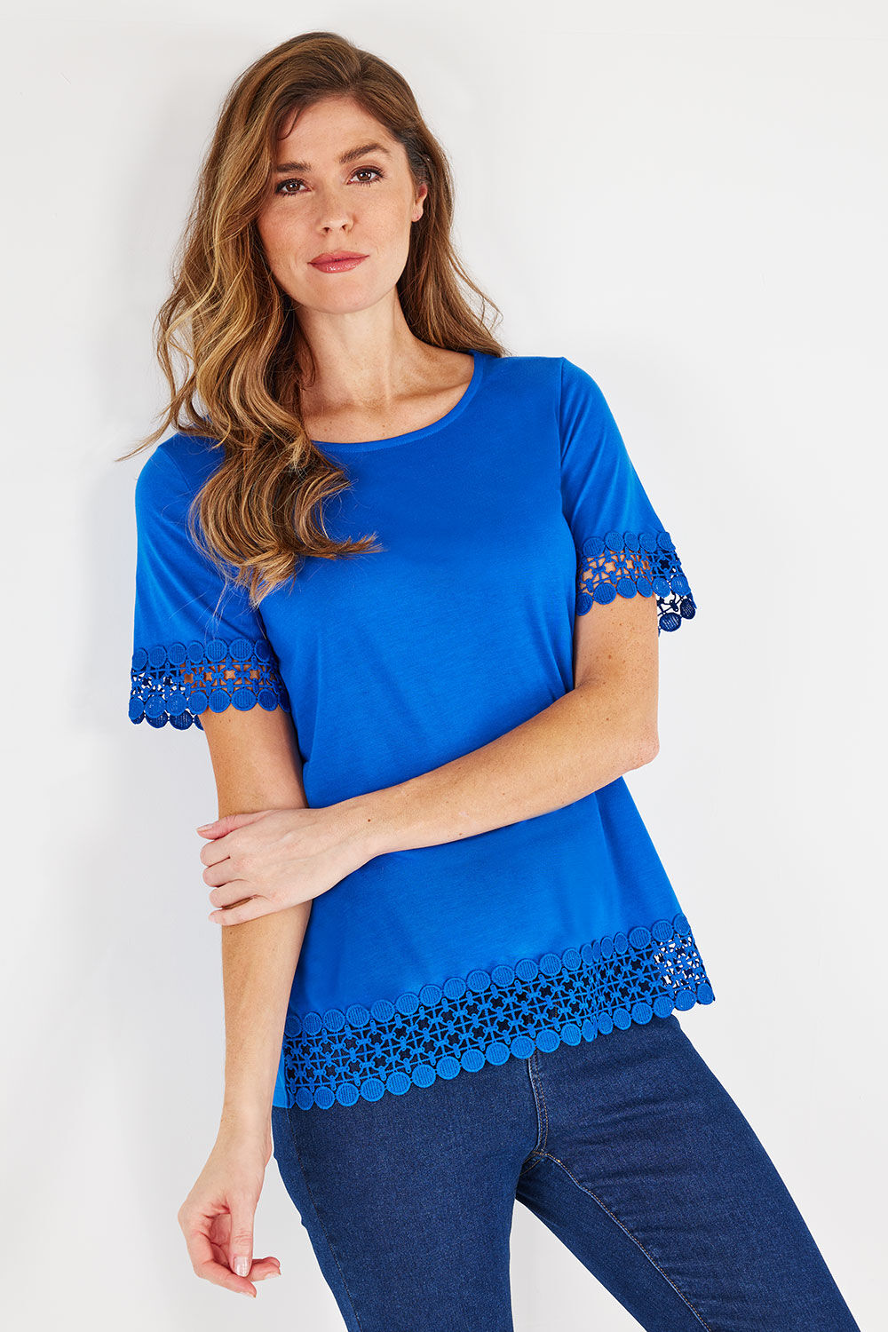 Bonmarche Cobalt Short Sleeve Lace Detail T-Shirt, Size: 10
