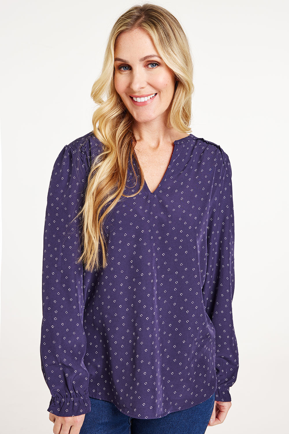 Dash Navy Long Sleeve Spot Print Blouse With Frill Detail, Size: 20