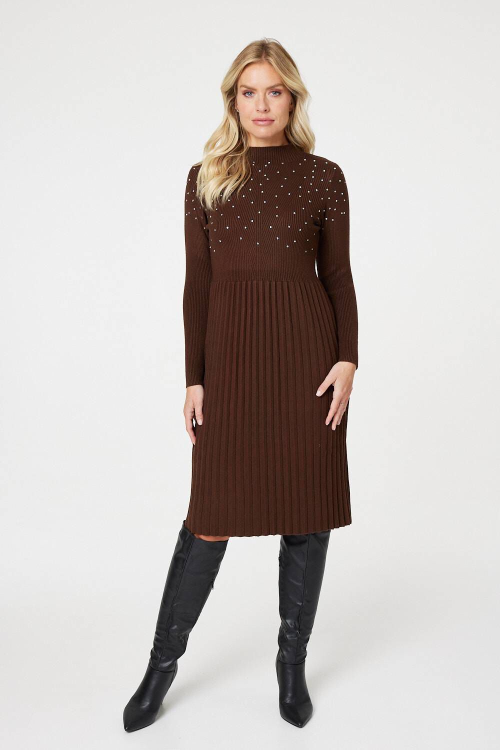Izabel London Chocolate - Embellished High Neck Knit Dress, Size: S