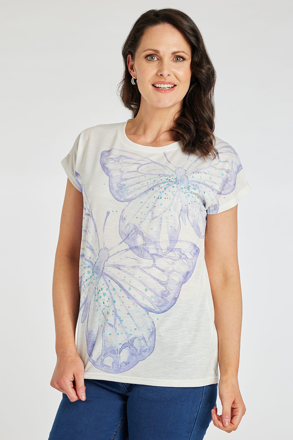 Bonmarche Blue Short Sleeve Oversized Butterfly T-Shirt, Size: 10