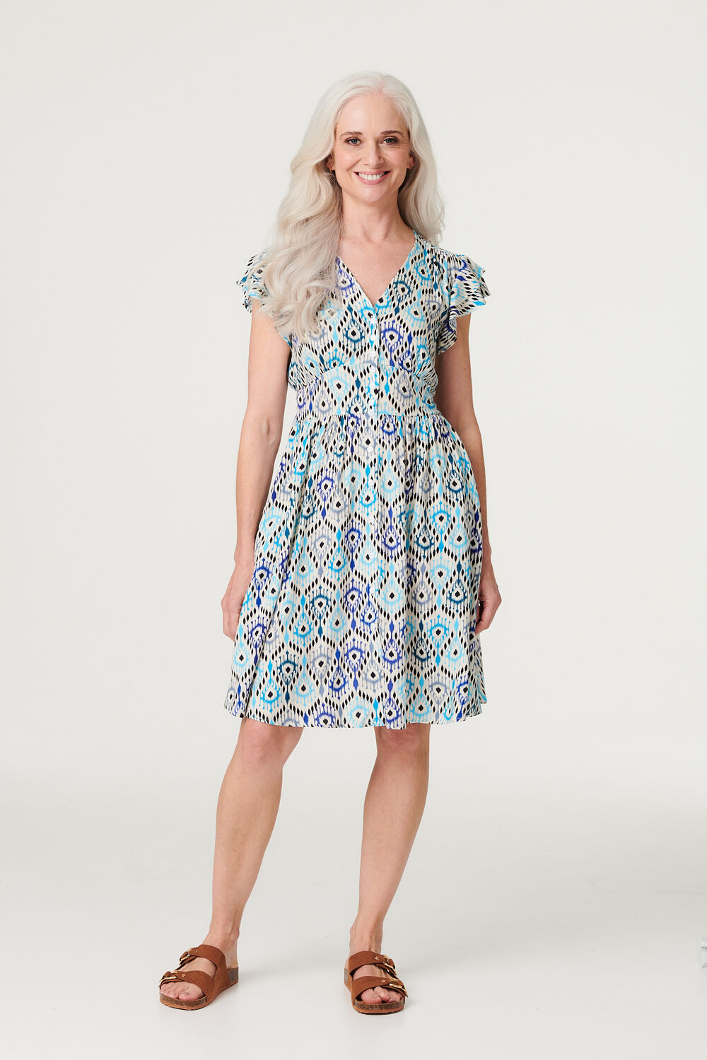 Izabel London Green - Printed Frill Sleeve Short Dress, Size: 14