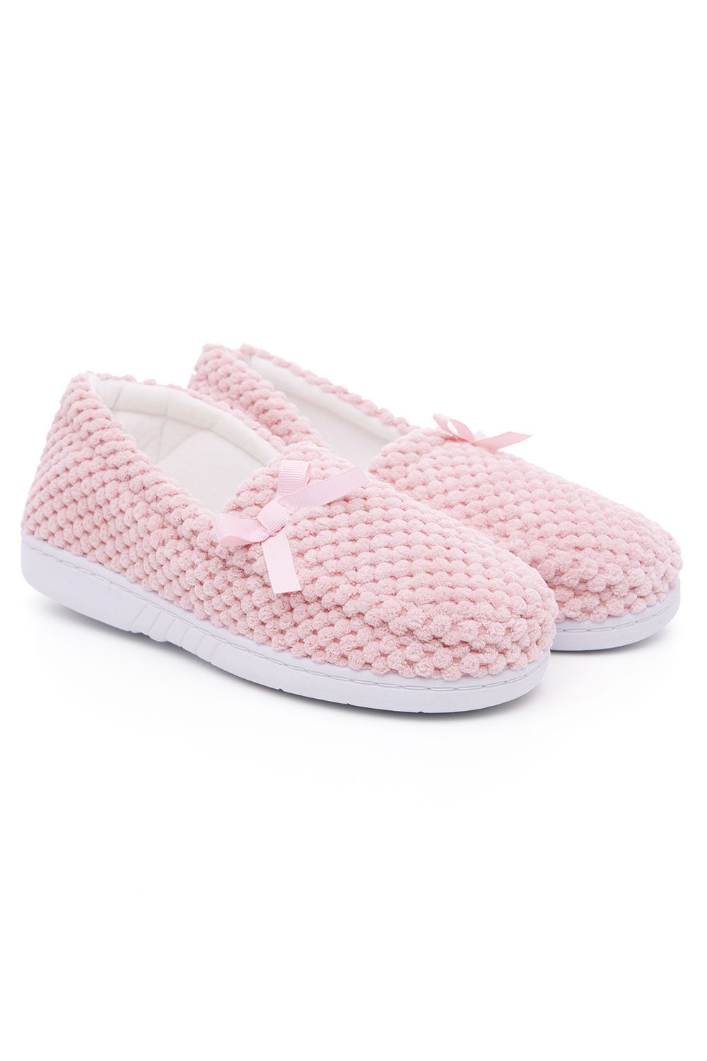 Bonmarche Pink Fleece Moccasin Slippers With Bow Detail, Size: 8