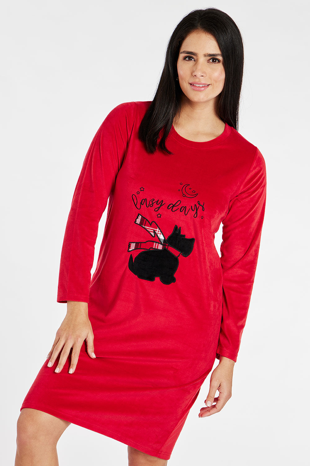 Bonmarche Red Long Sleeve Scotty Dog Fleece Nightdress, Size: 16-18