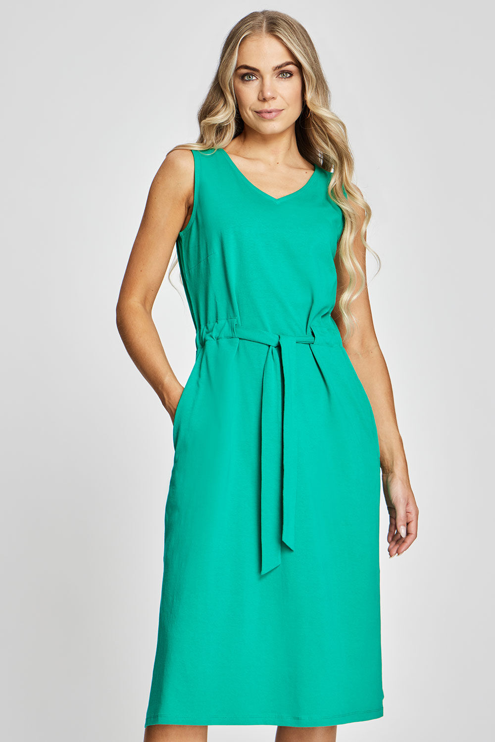 Bonmarche Green Plain Sleeveless Tie Waist Jersey Dress, Size: 22