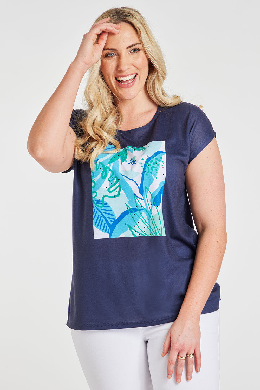 Bonmarche Navy Short Sleeve Tropical Leaf Print T-Shirt, Size: 12