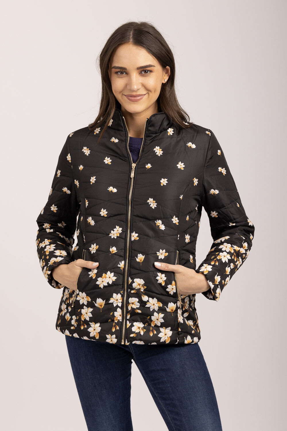 Mudflower Yellow - Floral Quilted Jacket, Size: L