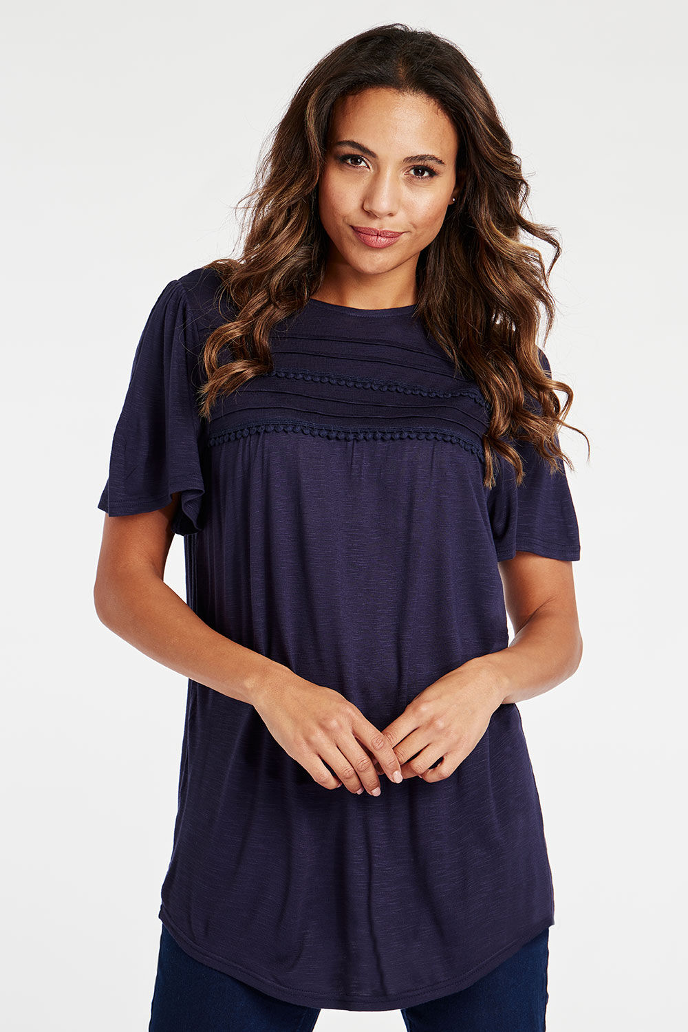 Bonmarche Women’s Navy Blue Viscose Lace Trim Soft and Comfortable Short Sleeve T-Shirt, Size: 10