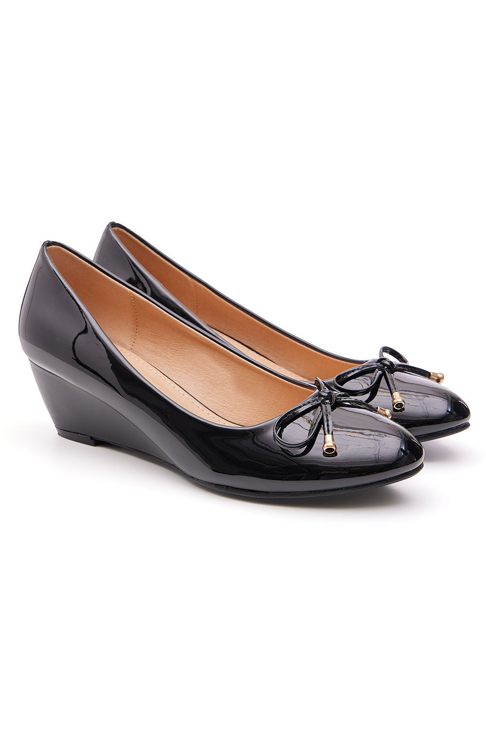 Comfort Plus Black - Patent Bow Detail Wedge Shoes, Size: 3