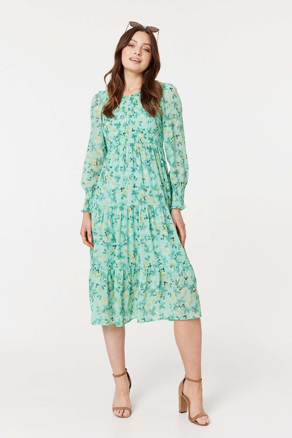 Izabel London Blue - Floral Long Sleeve Midi Smock Dress, Size: 18