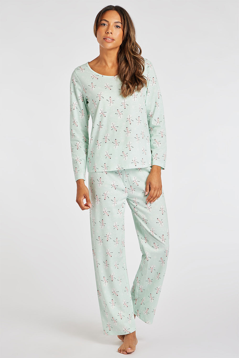 Bonmarche Aqua Long Sleeve All Over Snowman Print Pyjama Set, Size: 08-10