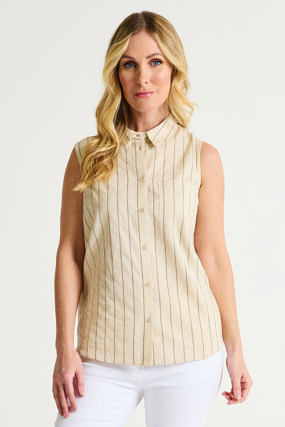 Bonmarche Stone Sleeveless Striped Button Through Linen Shirt, Size: 16