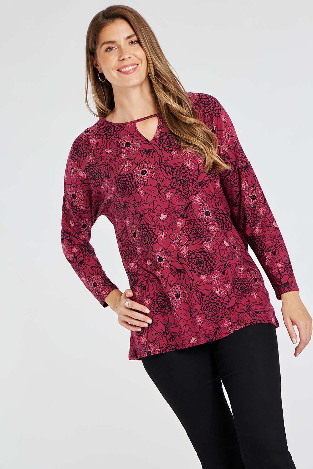 Bonmarche Burgundy Long Sleeve Floral Print Soft Touch Tunic, Size: 12