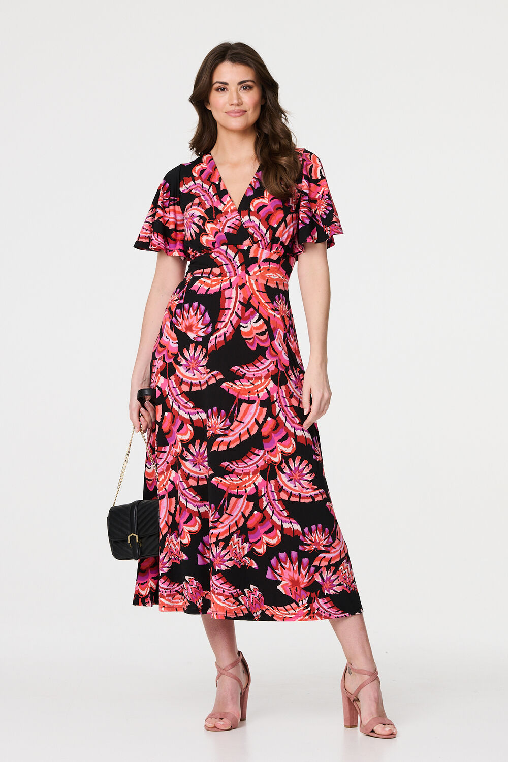Izabel London Black - Printed Angel Sleeve Maxi Dress, Size: 14