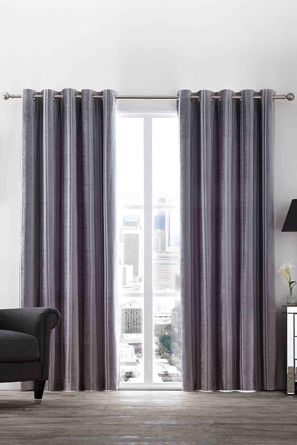 Bonmarche Hotel Stripe Silver Thermal Eyelet Curtain Pair, Size: 46 Inch