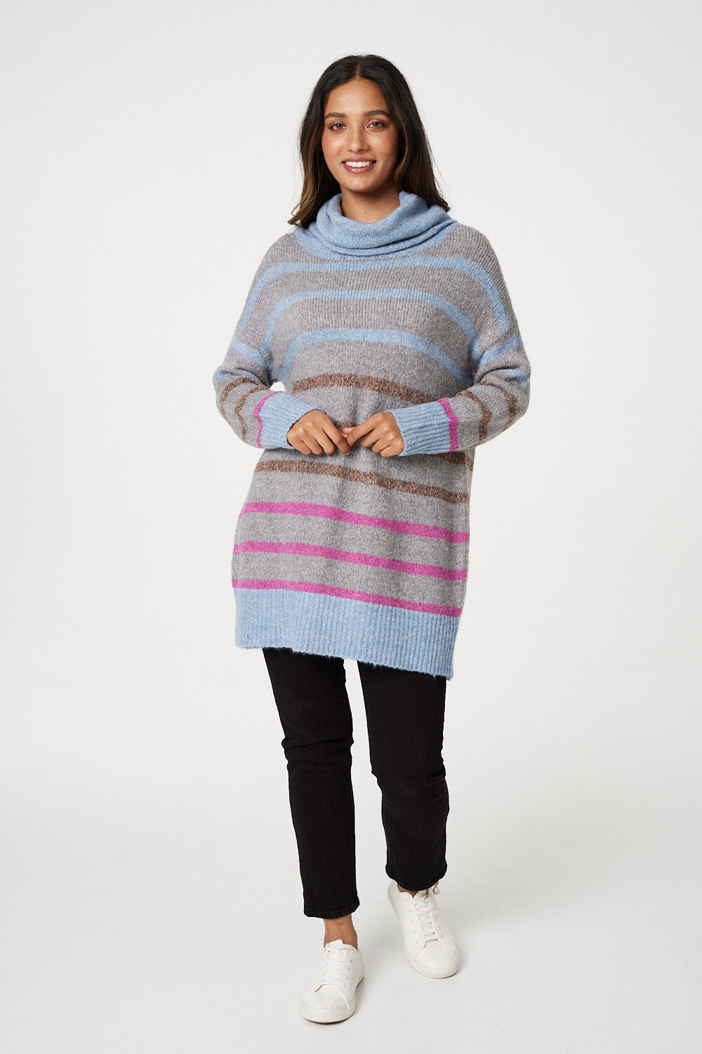 Izabel London Grey - Striped Roll Neck Oversized Jumper, Size: 16