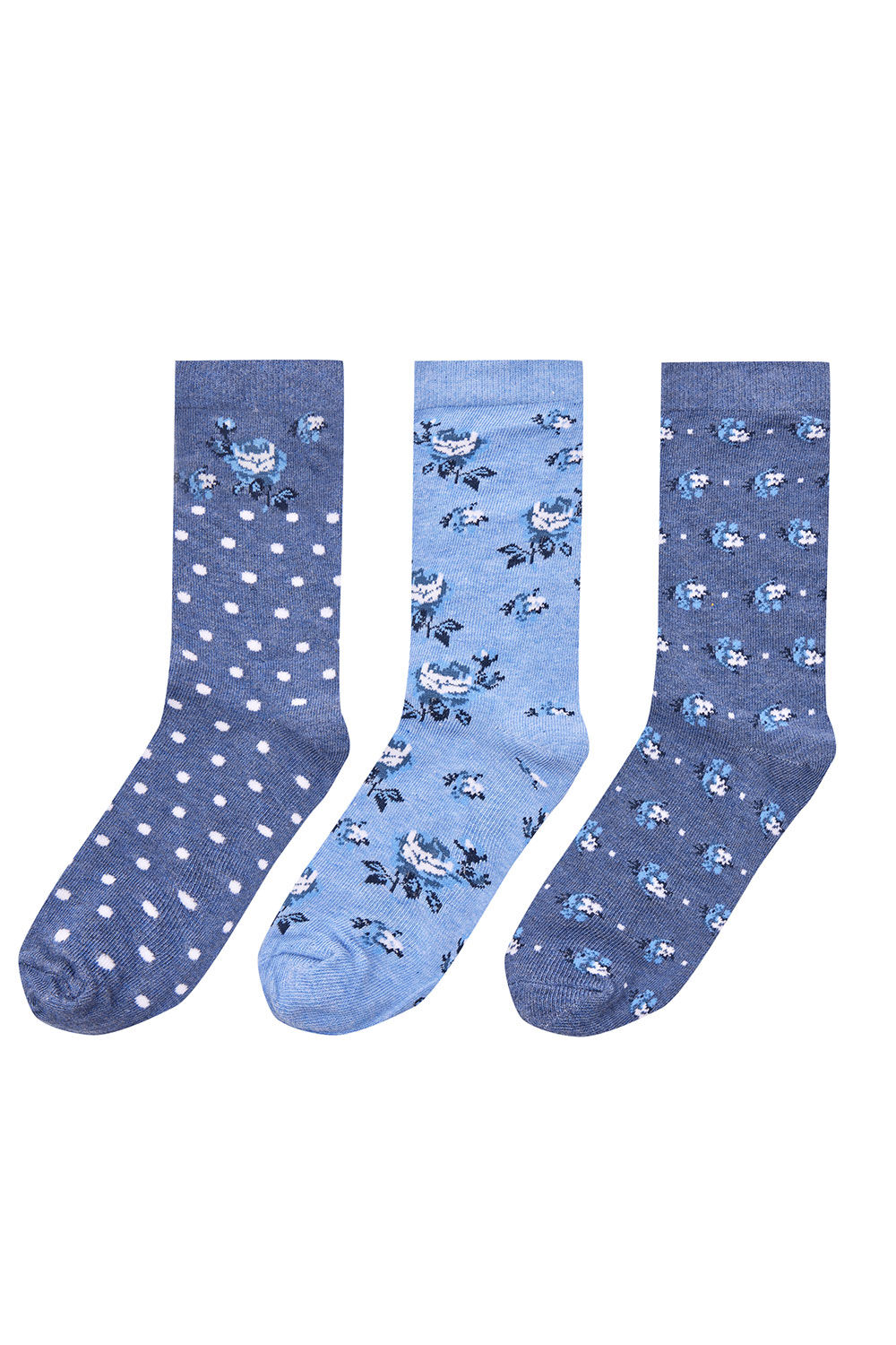 Bonmarche Navy 3 Pack Floral and Spot Blue Marl Socks, Size: One Size