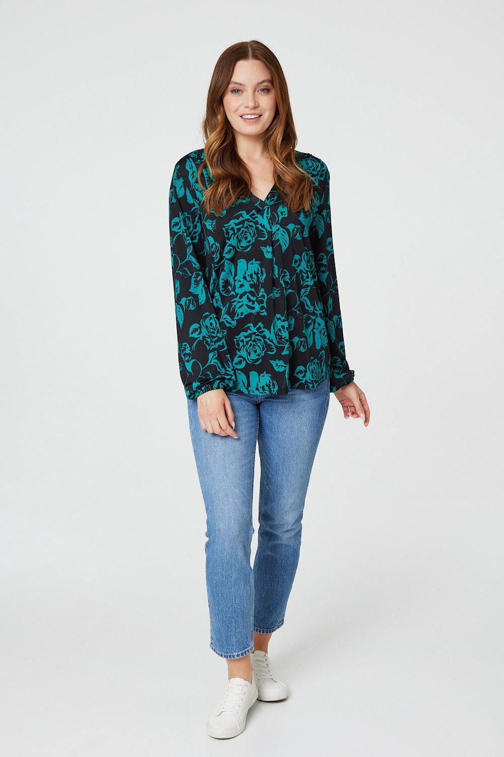 Izabel London Women’s Green and Black Floral Print Long Sleeve Relaxed Blouse, Size: 12