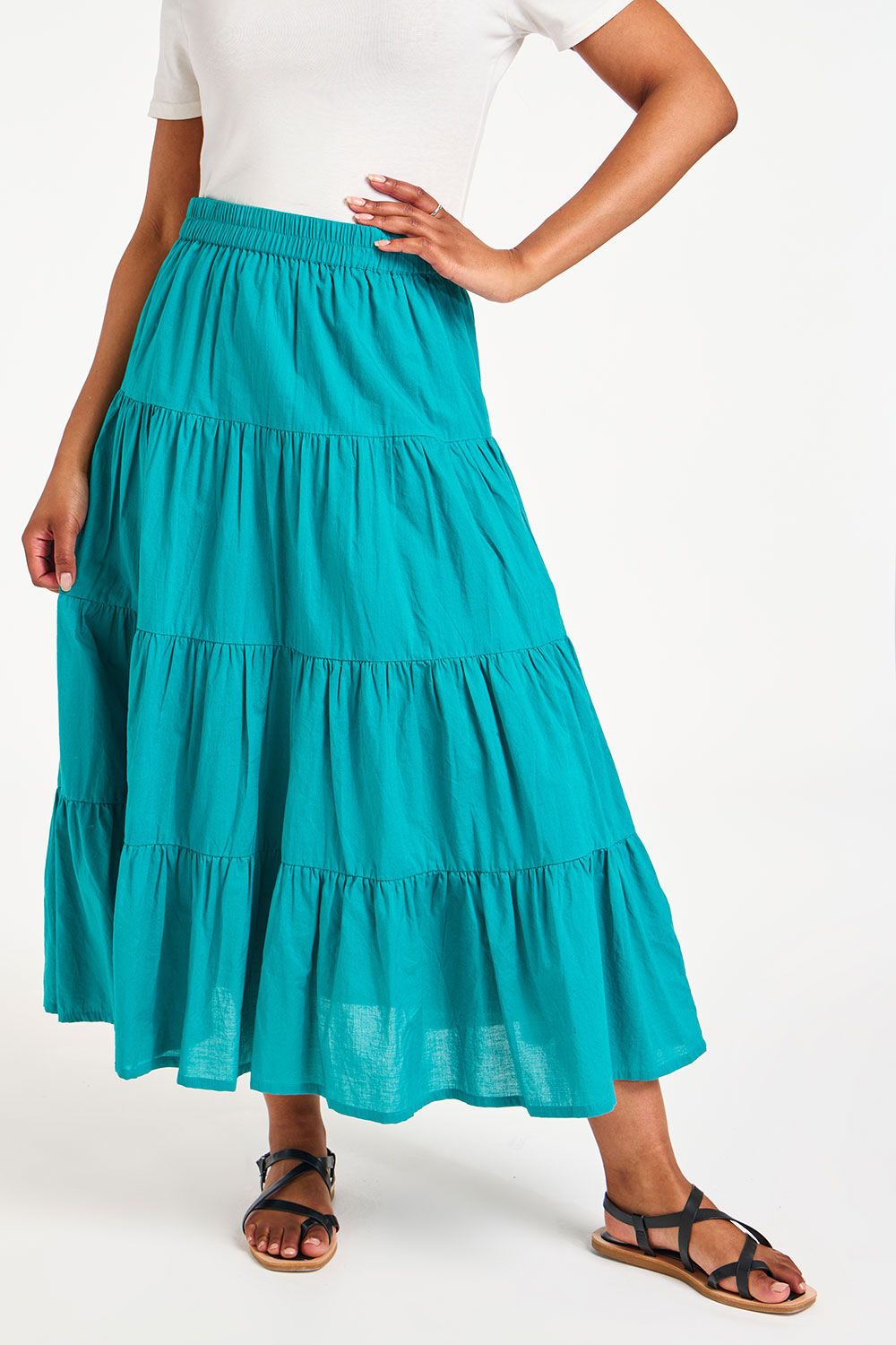 Bonmarche Turquoise Plain Tiered Cotton Elasticated Skirt, Size: 18