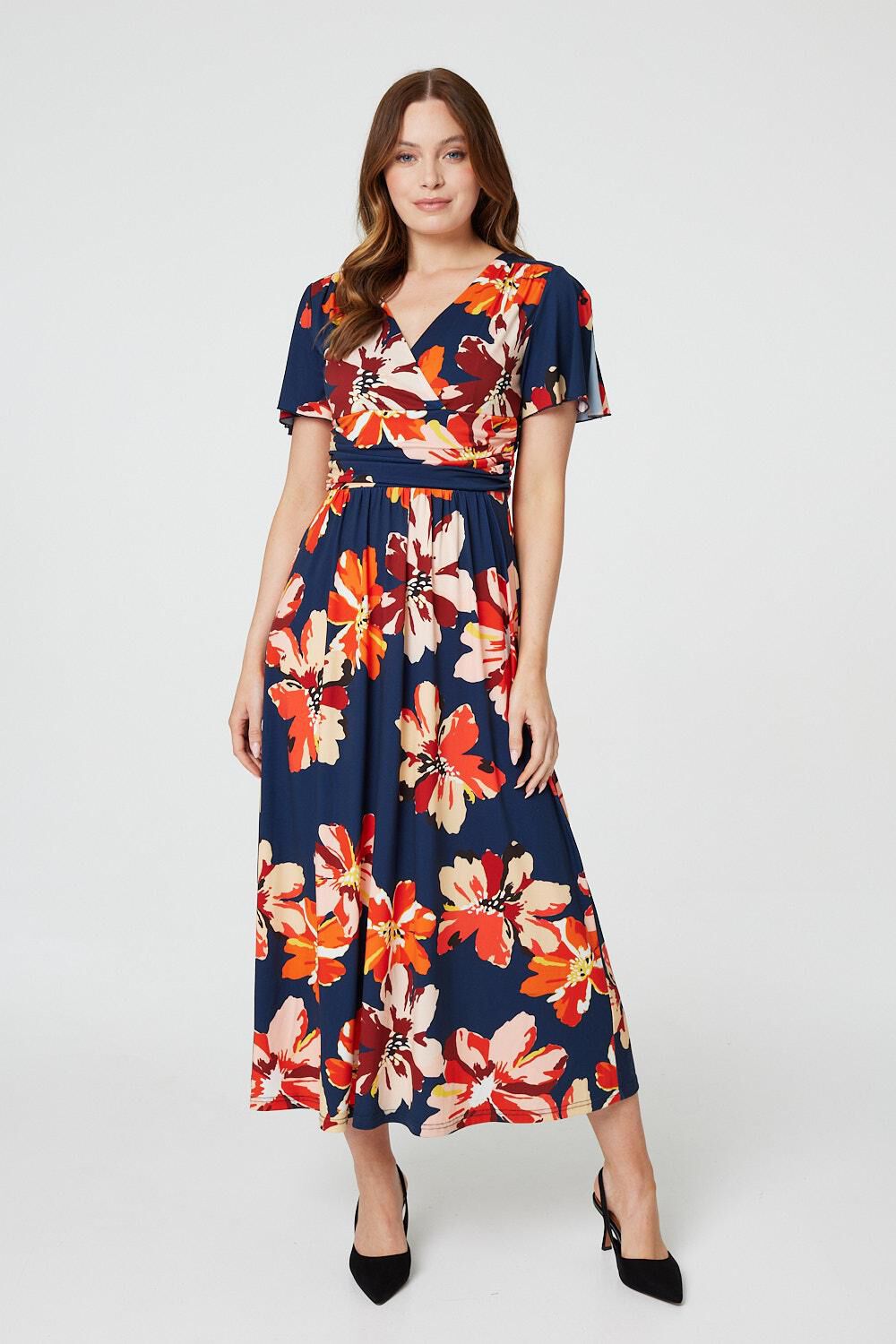Izabel London Women’s Red, Beige and Orange Floral Print Ruched Waist Maxi Dress, Size: 18