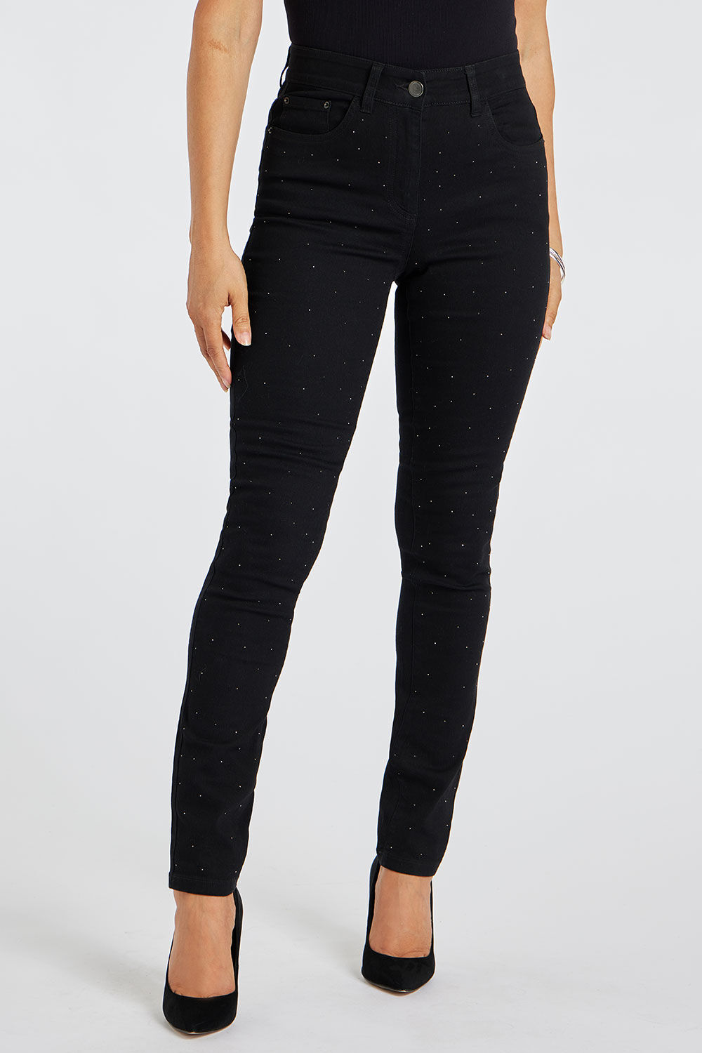 Bonmarche Black The Susie Embellished Front Slim Leg Jeans, Size: 10