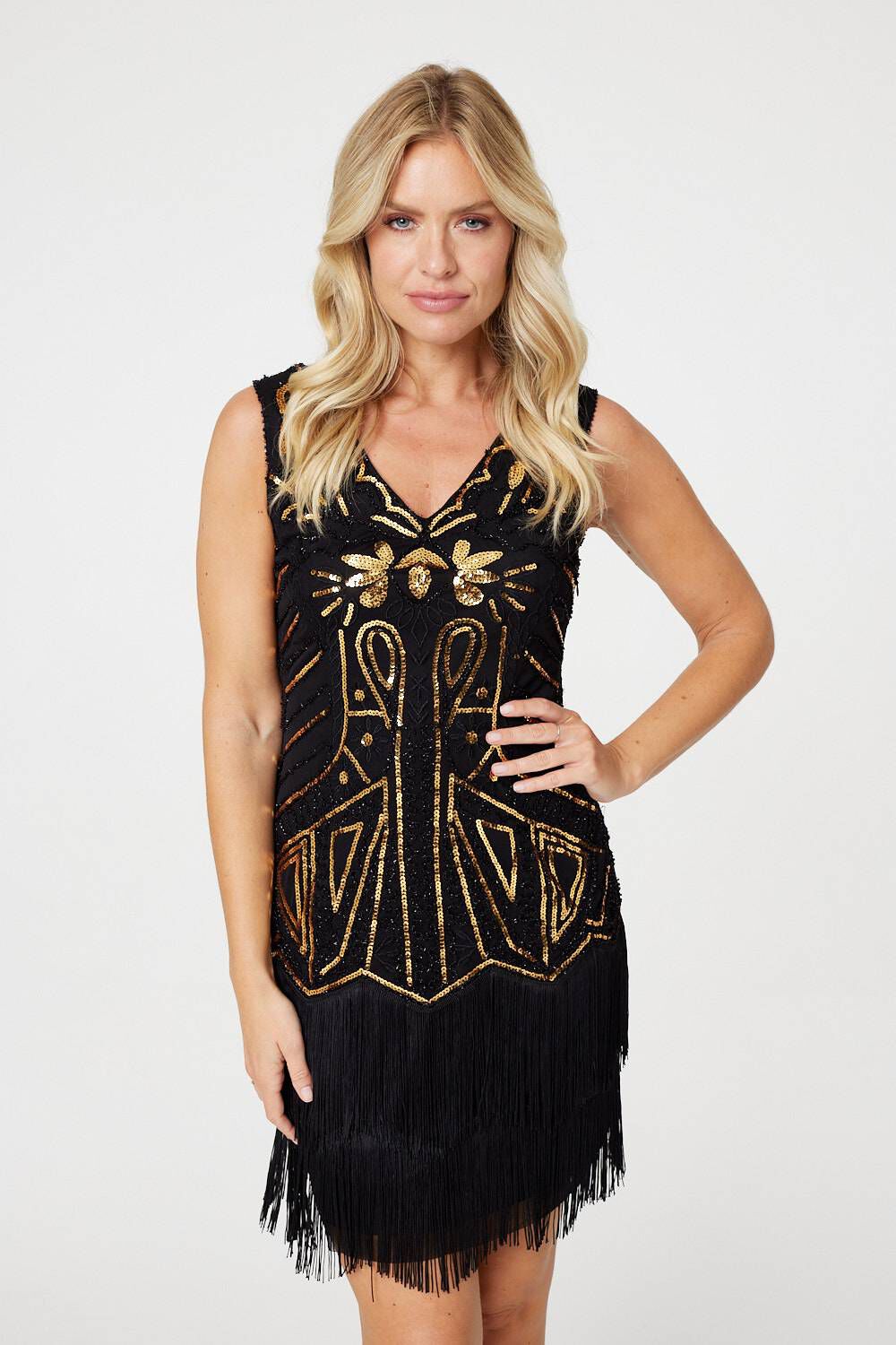 Izabel London Women’s Black and Gold Sequin Sleeveless Short Dress, Size: 12