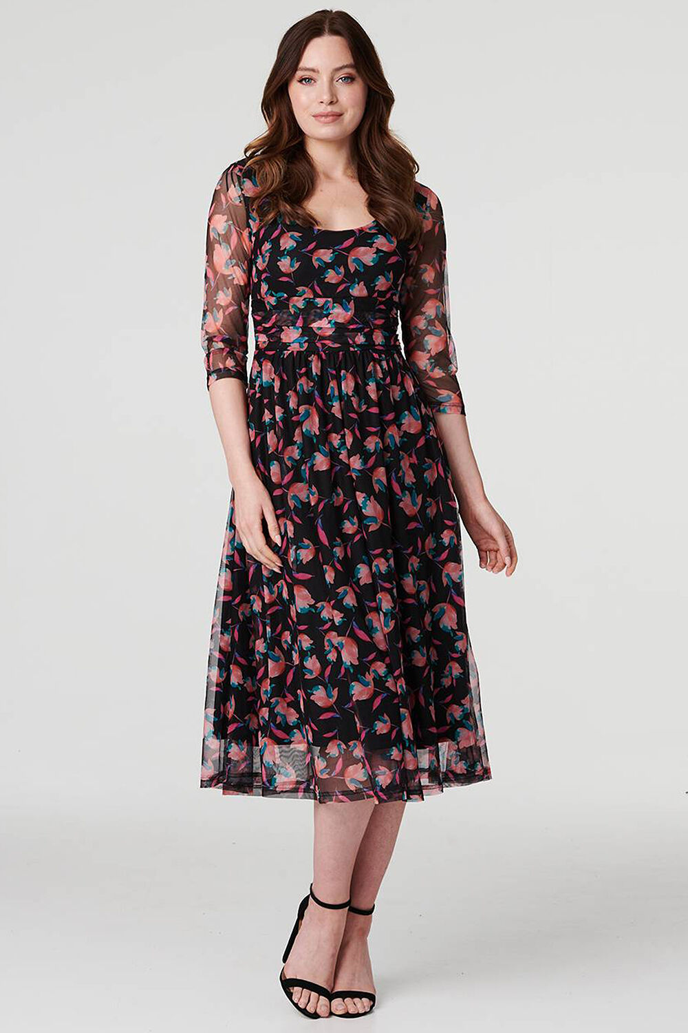 Izabel London Black - Floral Semi Sheer Ruched Midi Dress, Size: 16