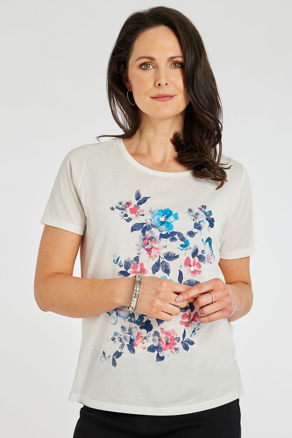 Bonmarche Women’s Cream And Blue Casual Short Sleeve Floral Butterfly Print T-Shirt, Size: 14