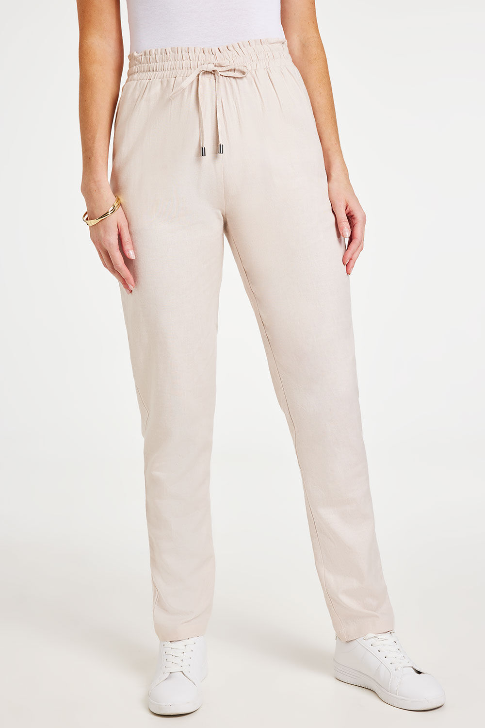 Bonmarche Stone Paperbag Tie Waist Tapered Linen Trousers, Size: 24